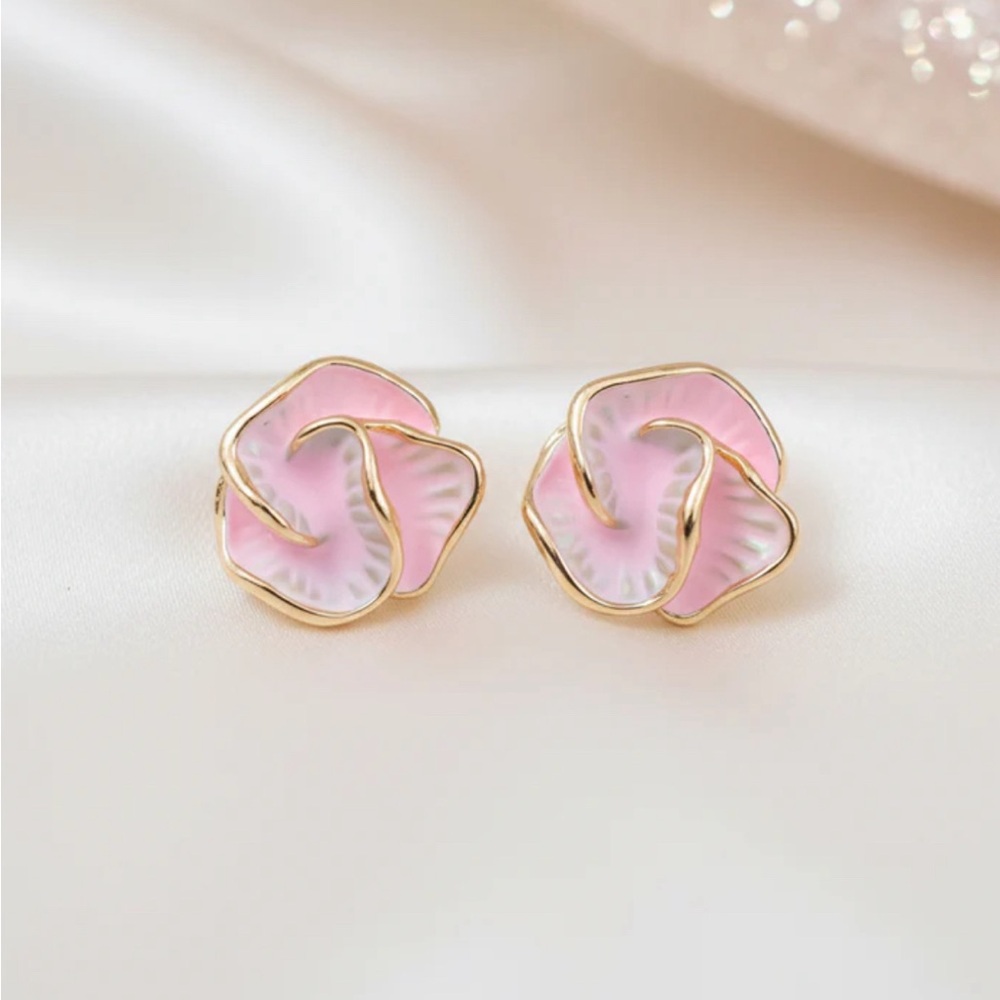 Pink Floral Enamel Stud Earrings - Picture 2 of 2